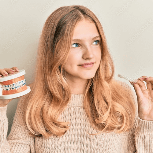 girl holding dental model with metal braces and invisalign aligners in her other hand