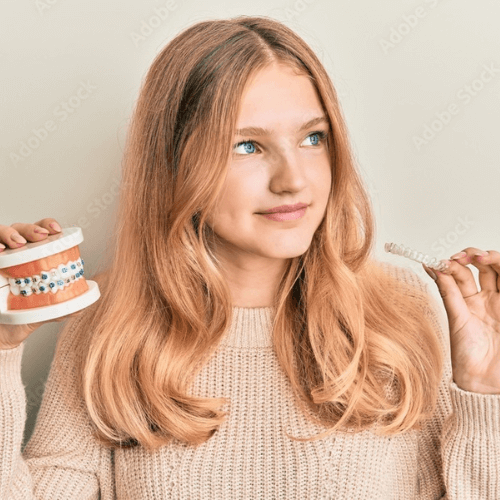 girl holding orthodontic metal braces and invisalign clear aligners