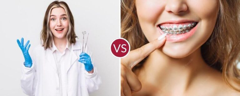 An image showing a dentist vs orthodontists. A female dentist on the left side and a woman with braces on the right side.