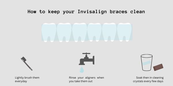 How to keep your invisalign braces clean. Lightly brush. Rinse aligners when you take them out. Soak them in cleaning crystals every few days. (Invisalign Manchester)